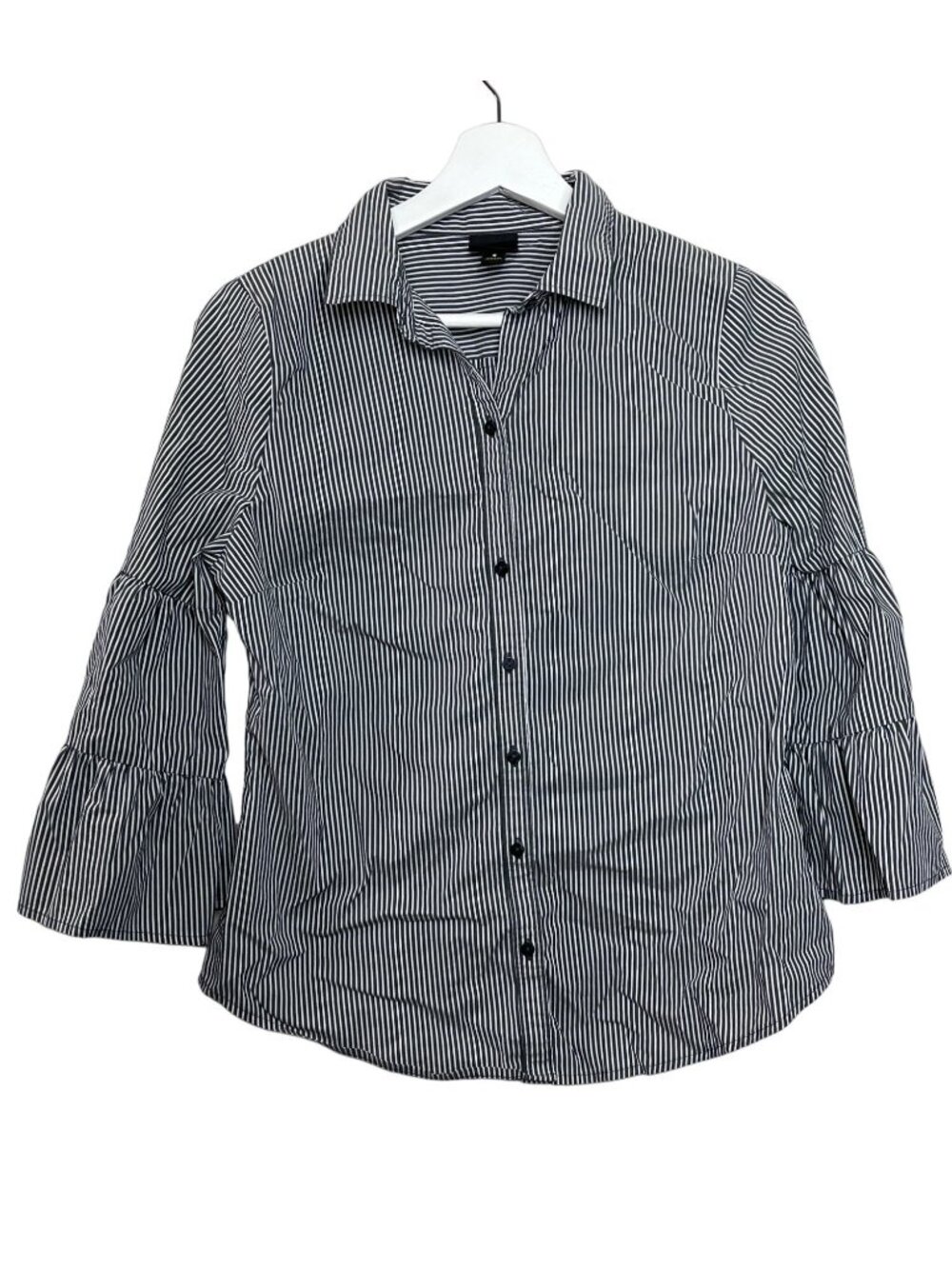 Worthington Womens Small Gray Stripe Button Down Blouse Bell Sleeve